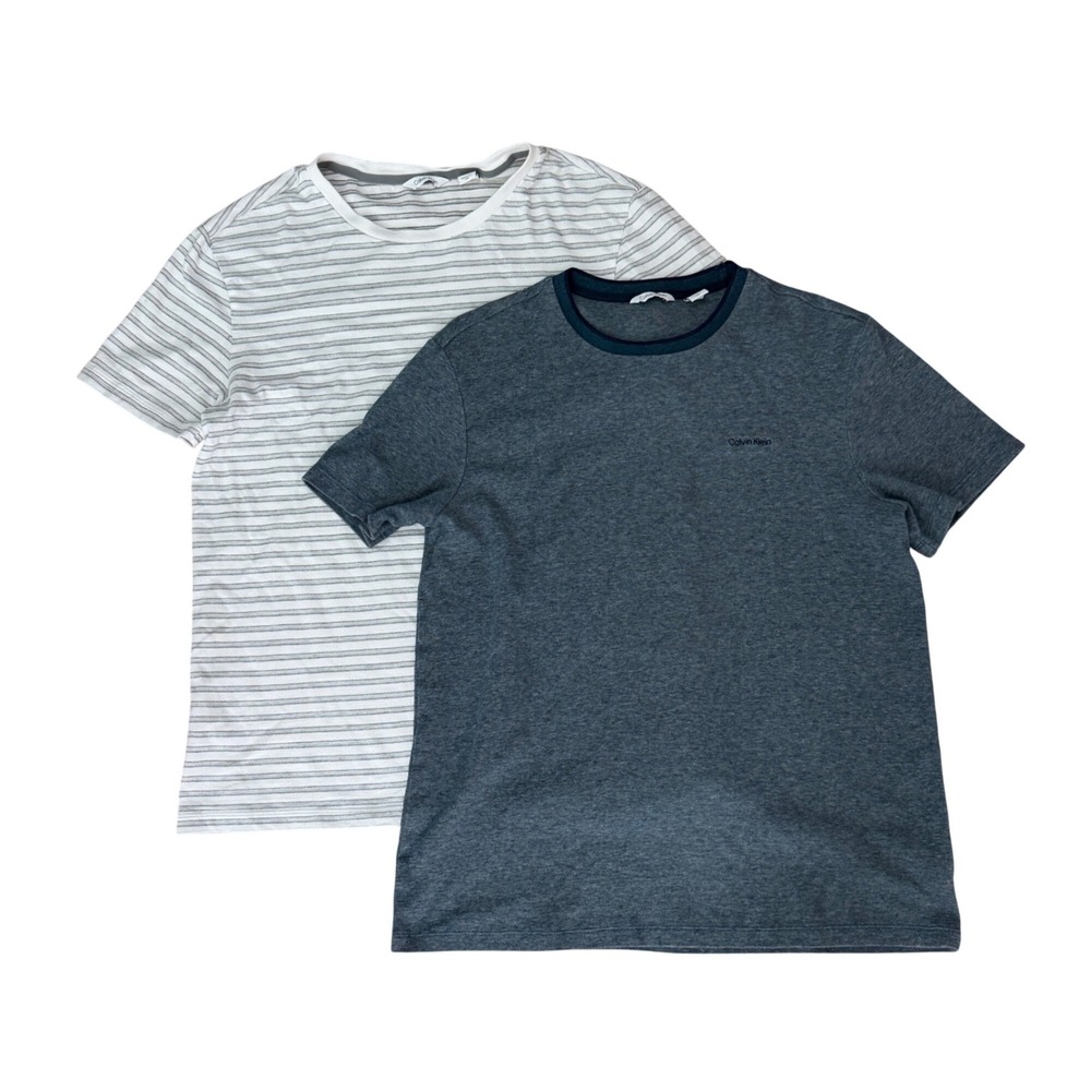 Lot of 2 Calvin Klein T-Shirt Bundle Mens Medium Striped Solid Grey Casual